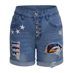 Printed Ripped Denim Shorts HW Breasted Curling Denim Shorts