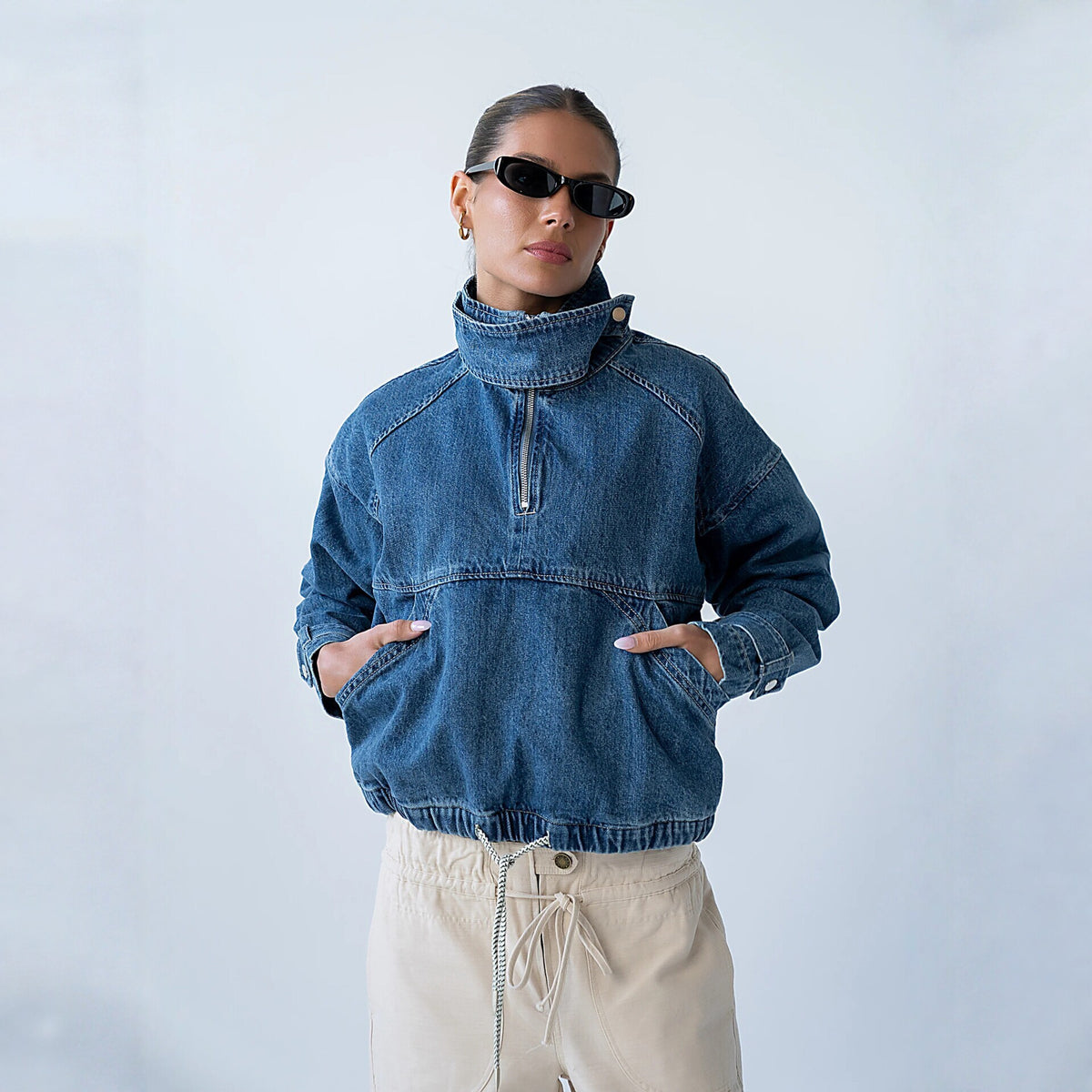 Women's Oversized Stand-Collar Denim Jacket