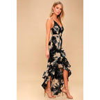 Women Spring Summer New Black White Floral Print High Waist Backless Strap Dress