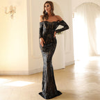 Women's Cocktail Evening Off-Shoulder Long Sleeve Retro Sequined Dress