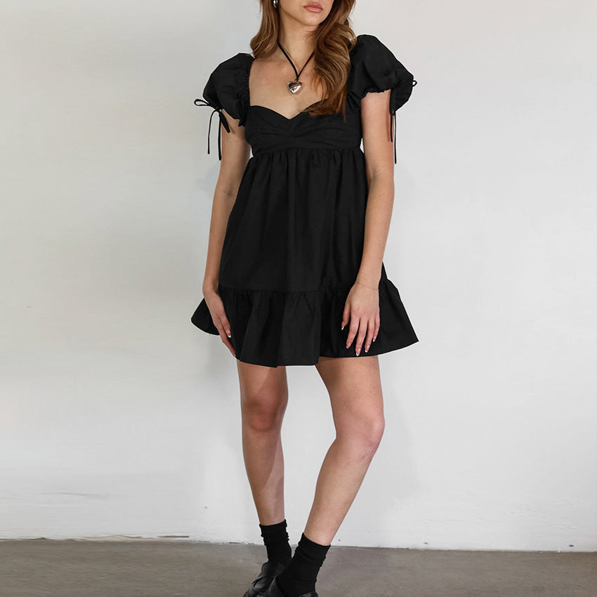 Black Cotton Puff-Sleeve Off-Shoulder Dress