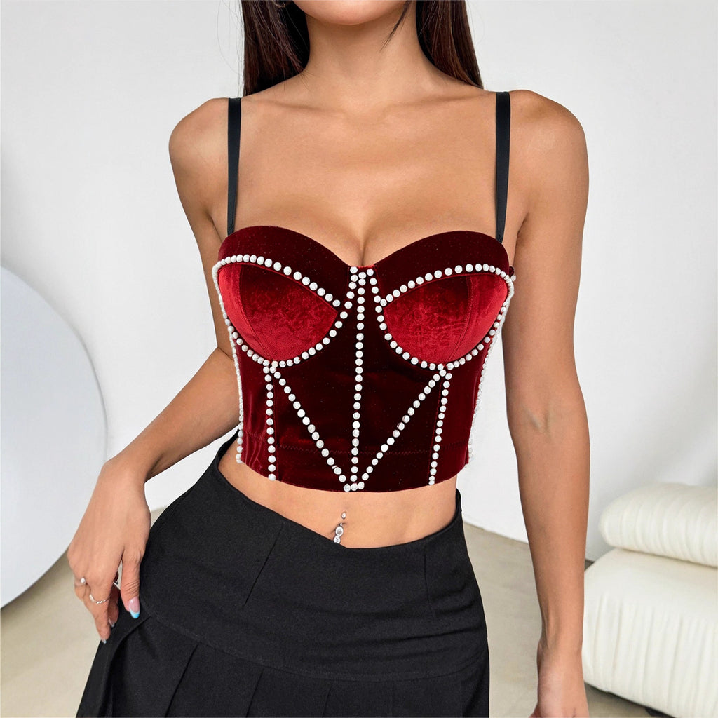 's Velvet Camisole Pearl Fine Velvet Short Boning Corset Bra