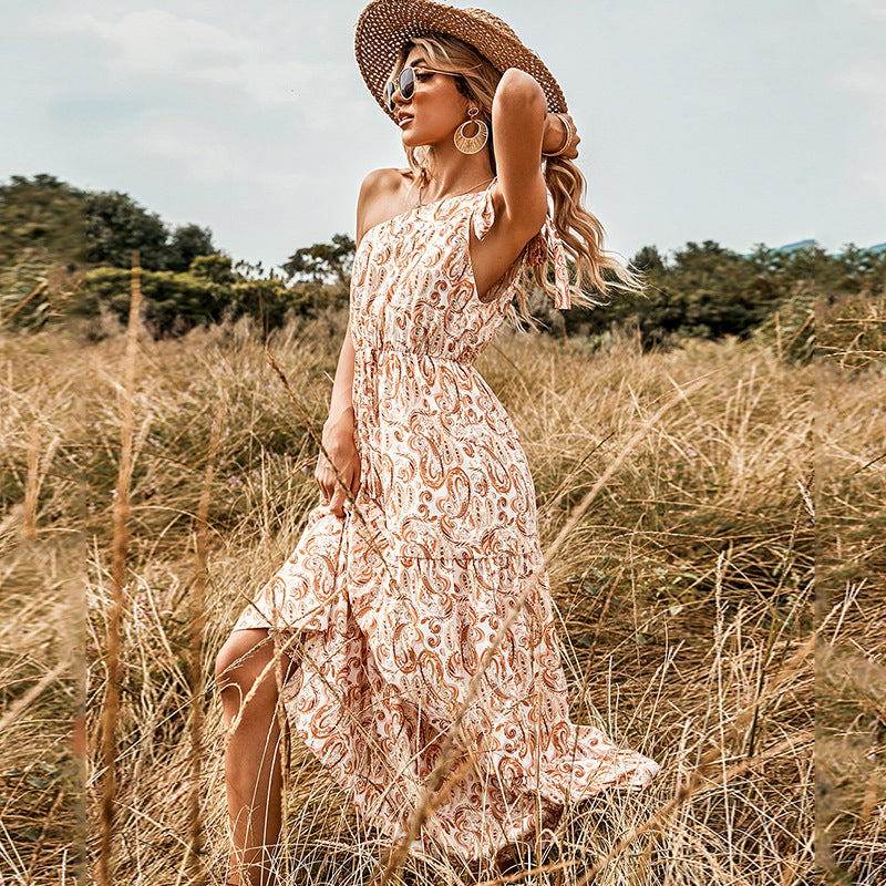 One-Shoulder Backless Printed Swing Dress