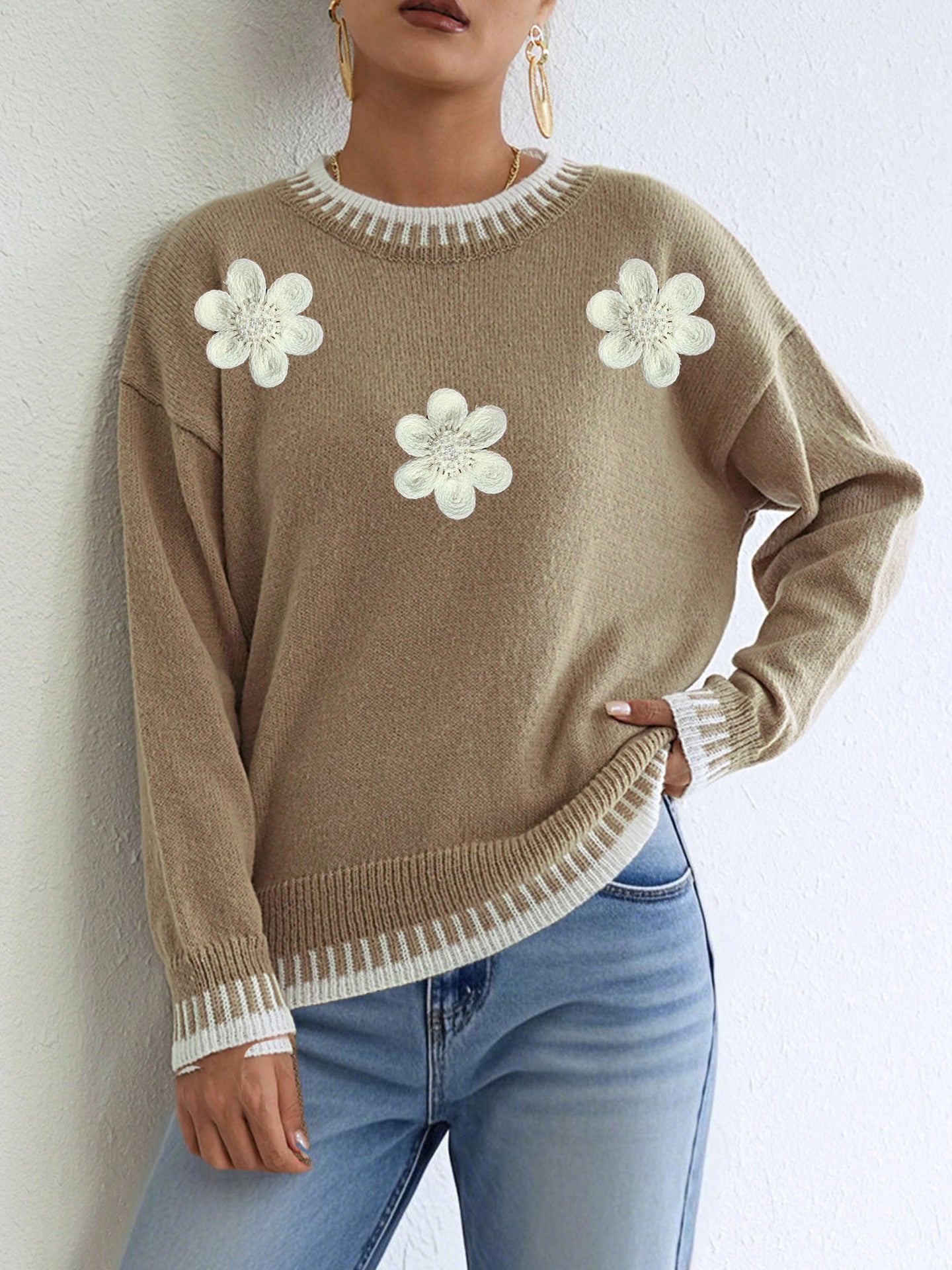 Khaki Blouse 3 White Flower Beads