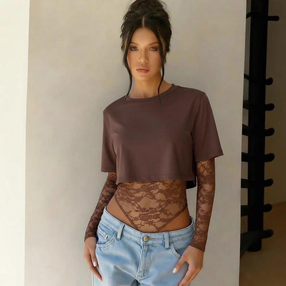 Women's Lace Detail Cropped Short Sleeve Top