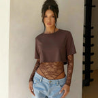 Women's Lace Detail Cropped Short Sleeve Top