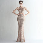 Women's Floral Sequin Chiffon Dress Beaded Halter Elegant Cocktail Long