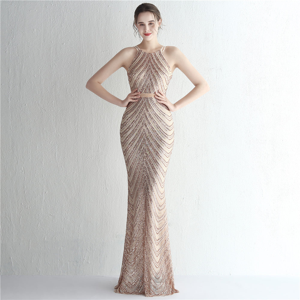 Women's Floral Sequin Chiffon Dress Beaded Halter Elegant Cocktail Long