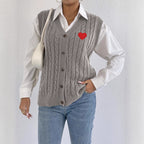 Women Knitted Cardigan Autumn Winter Casual Outerwear Vest Twist Woven Sweater Three Dimensional Floral Stitching Vest