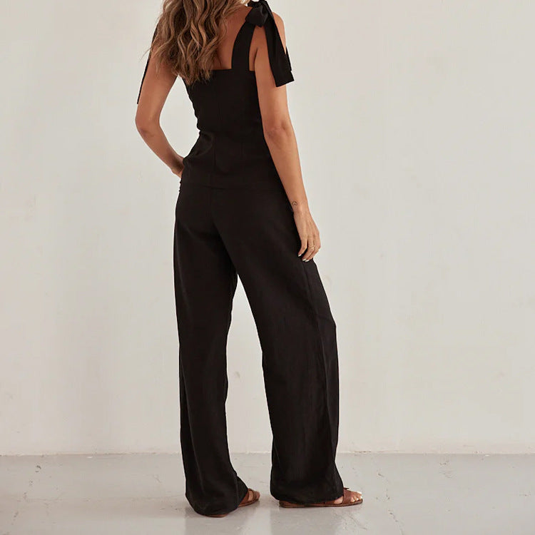 Black Bandeau Top & Wide-Leg Pants Set