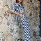 Striped Cardigan, Tube Top & Wide-Leg Pants Set