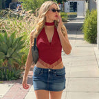 Women's Lace-Up Tassel Halter Top