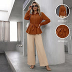 Autumn Solid Color Suit Office Shirt Outfit in Waist Tightening Wear Set for Women
