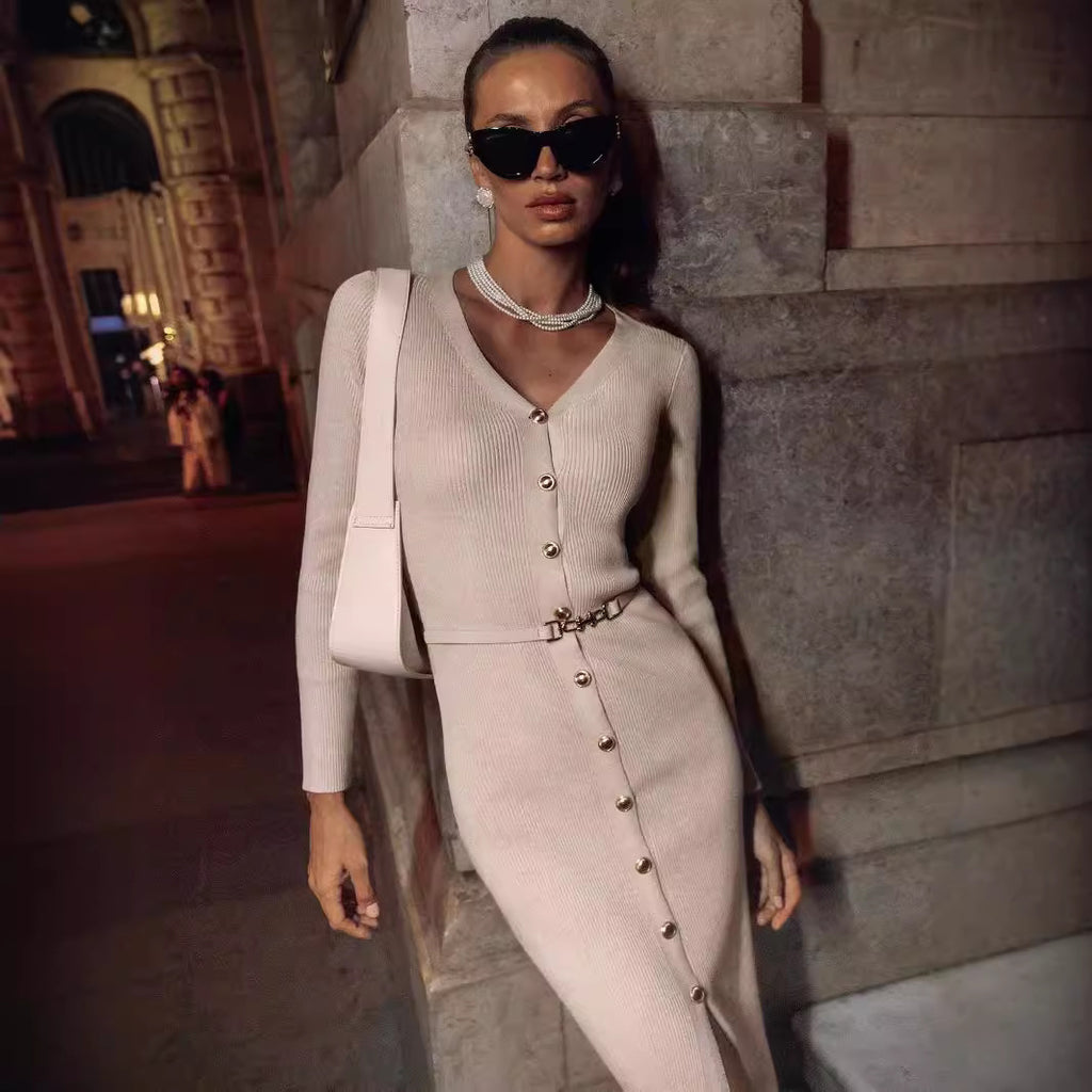 Autumn Winter Long Sleeve Knitted Dress Button Split Russia Hip Wrapped Sw
