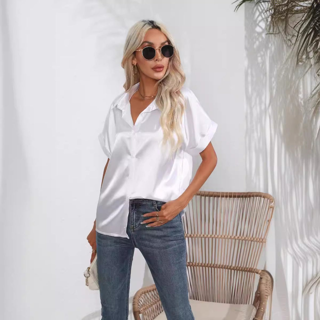 Women's Satin Short Sleeve Button Shirt