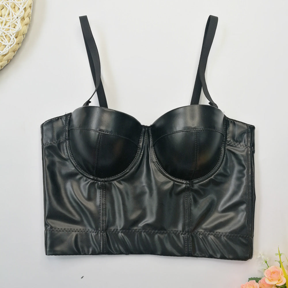 Women's Sexy Leather Tube Top Artificial Sheepskin Sling Vest Inner Match Bra Free Sexy Beauty Model Boning Corset Top