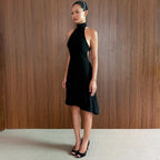 Women's Autumn Women Sexy Sleeveless Bare Back Irregular Asymmetric Stand Collar Solid Color Dress Women