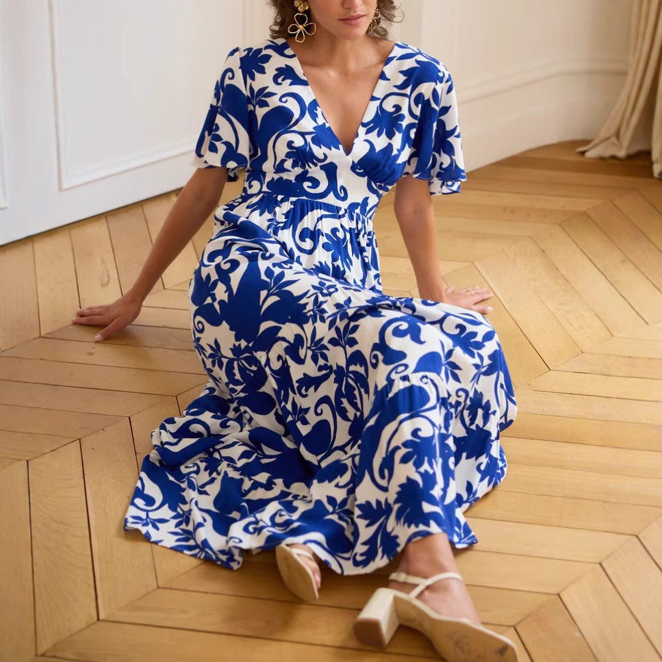 Women's Printed V-Neck Short-Sleeve Dress
