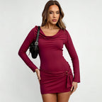 Adult Lady like Woman Design Burgundy Pile Collar Autumn Winter Long Sleeve Slim Fit Sheath Dress