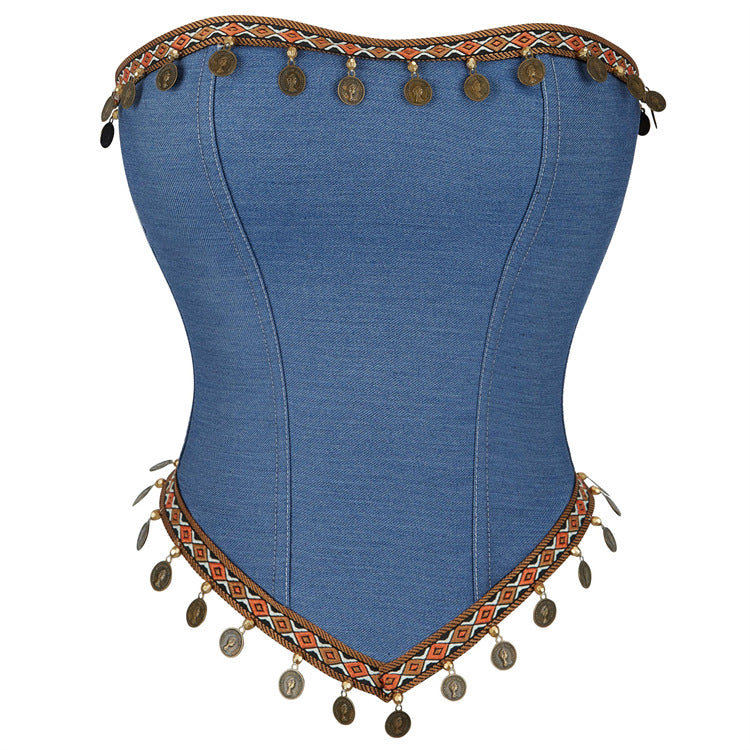 Women's Blue With Copper Round Decoration Tube Top Breasts Support Push Up