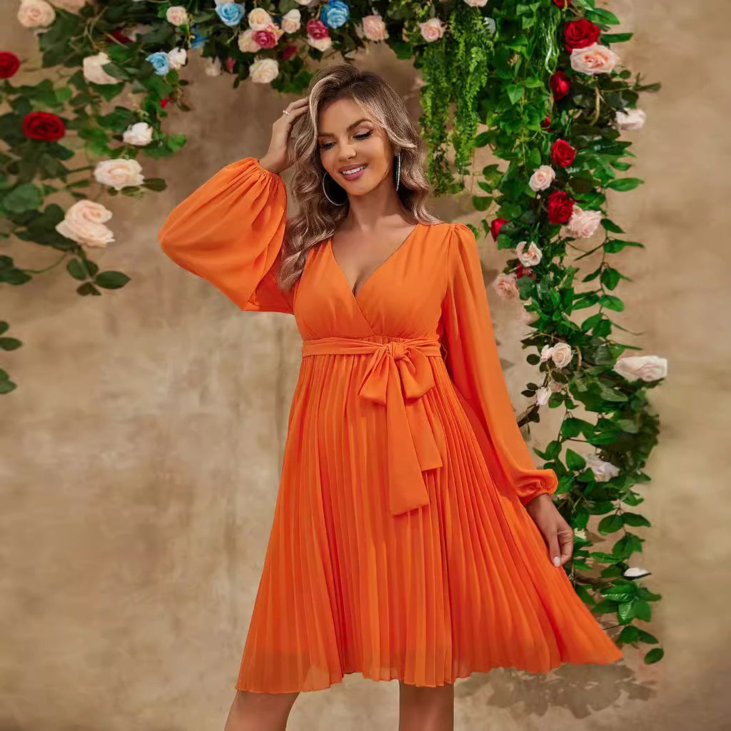 V-Neck Pleated Dress