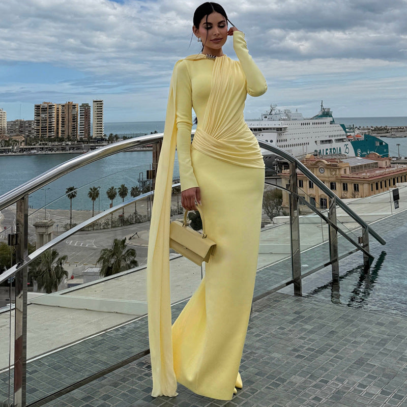 Women's Pleated Asymmetric Long Sleeve Maxi Dress