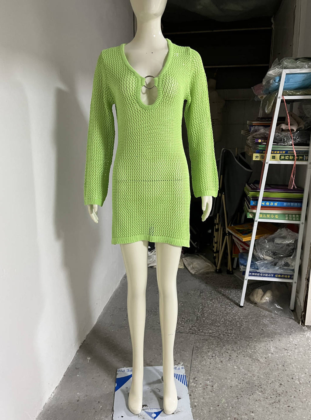 Long sleeve spring dress in lime green knit with scoop neck and ringed keyhole cutout