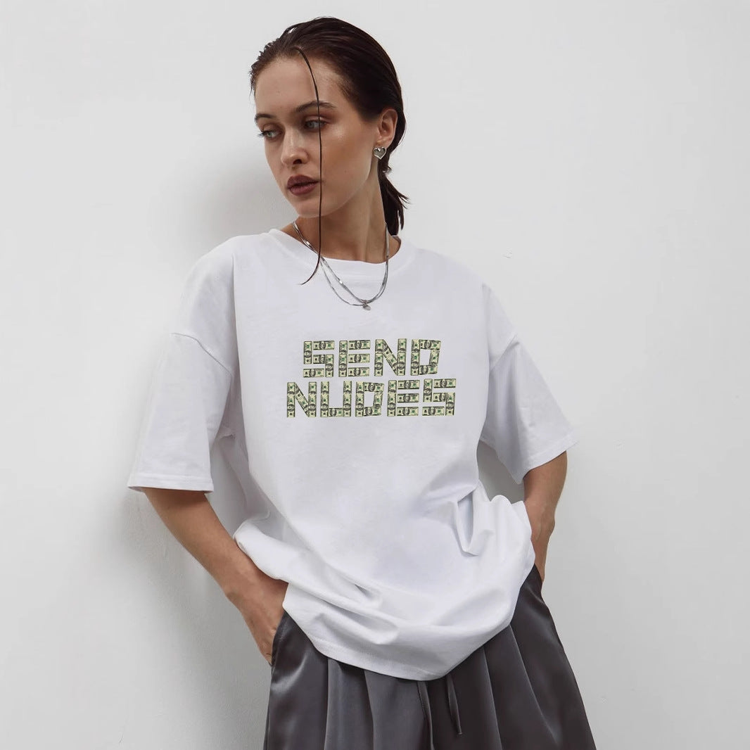 Women's Simple Printed T Shirt Women Summer Loose Round Neck Cotton Short Sleeve Top