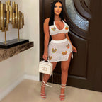 Women Clothing Sexy Love Jacquard Hollow Out Cutout Knitted Beach Skirt Set