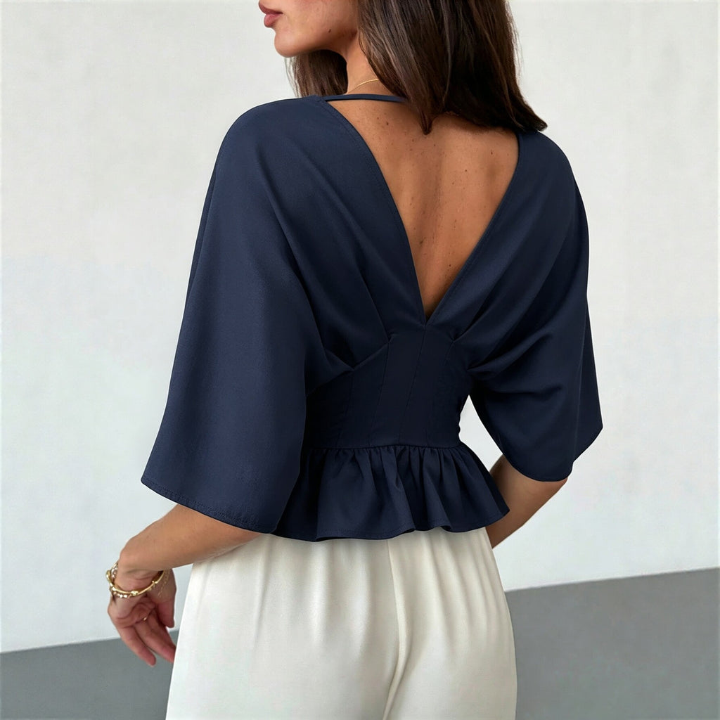 Women's Women Clothing V Neck Batwing Sleeve Top Backless Waist Trimming Slimming Flounce Hem Short T Shirt
