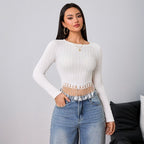 Women's Tassel Trim Slim Fit Long Sleeve Top