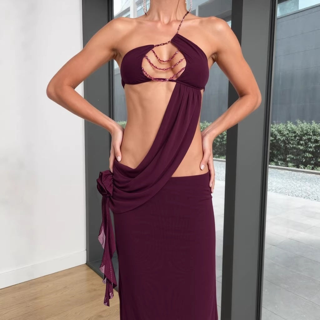 Burgundy halter maxi dress with open-back beadwork and draped waist detail