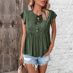 Summer Women Solid Color Flying Sleeve Shirt
