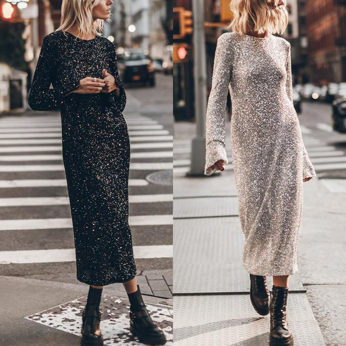 Simple Sequin Street Long Sleeve Dress