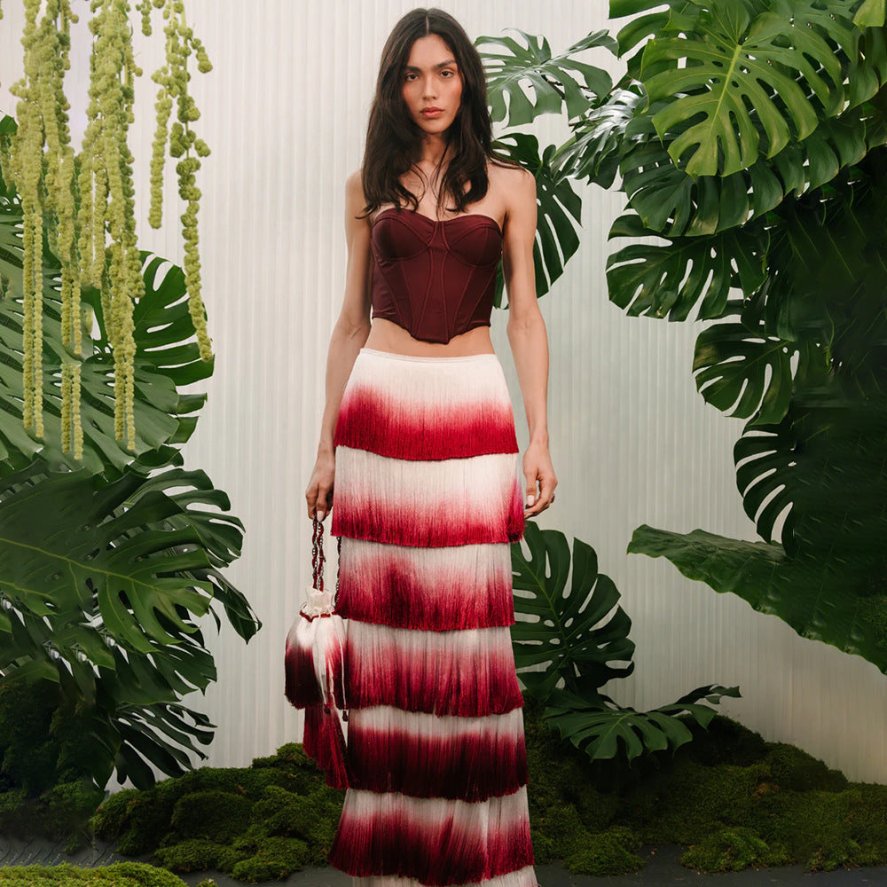 Wine Red Strapless Gradient Tassel Dinner Trip Shoot Stage Wear Two Piece Set