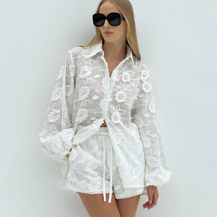 Embroidered Shirt & High-Waist Shorts Set