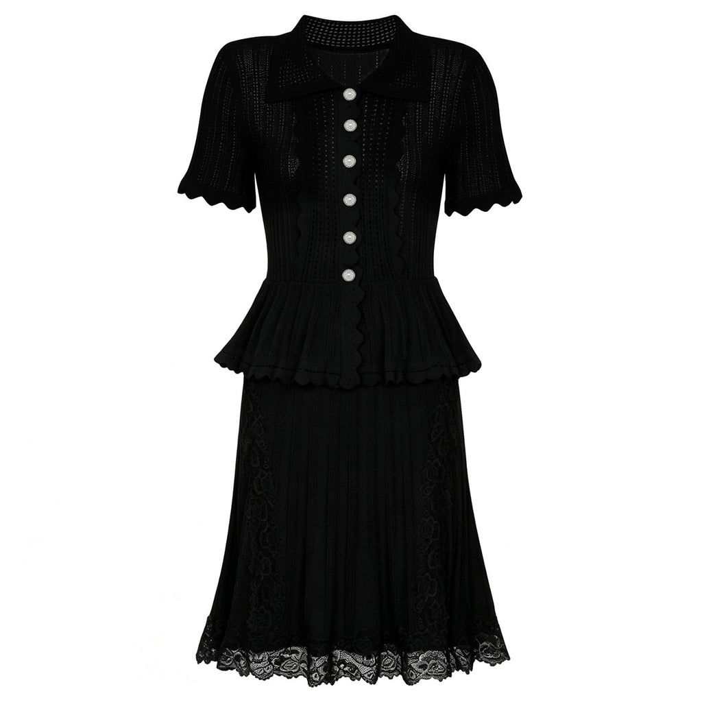 Black short sleeve dress with button placket, ruffled peplum waist, lace hem skirt