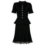 Black short sleeve dress with button placket, ruffled peplum waist, lace hem skirt