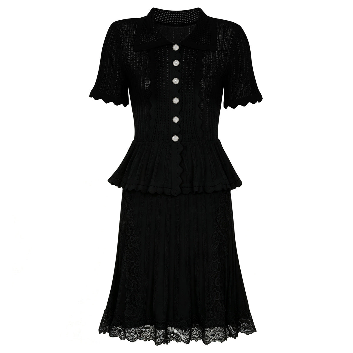 Black short sleeve dress with button placket, ruffled peplum waist, lace hem skirt