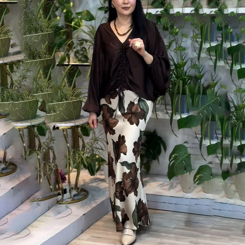 Women's Summer V Neck Top and Skirt Two-Piece Set