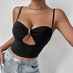 's French Low Cut Solid Color Stitching Buckle Hollow Out Cutout Top