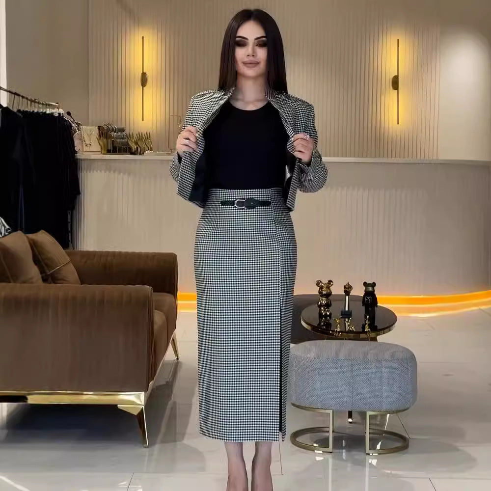 Autumn Positioning Plaid Office Long Sleeve Hip Skirt Two Piece Sets