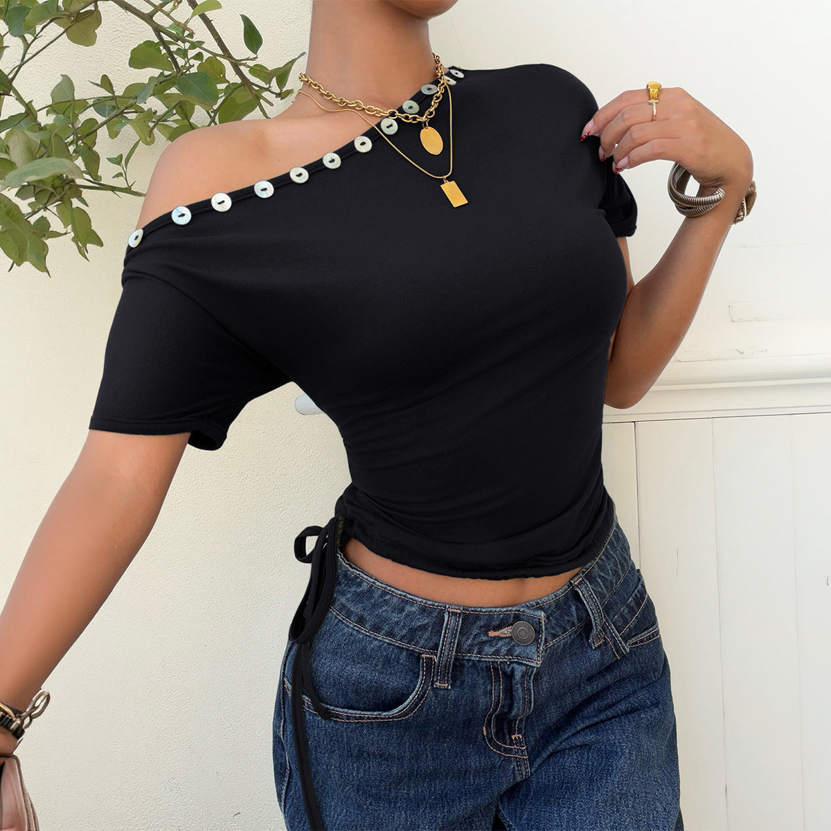 Women’s Army Green Asymmetric Tie Front Short Sleeve Top
