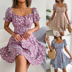 Women's Spring Summer Elegant Floral Lace-Up Waist-Controlled Large Hem Dress Women Clothing