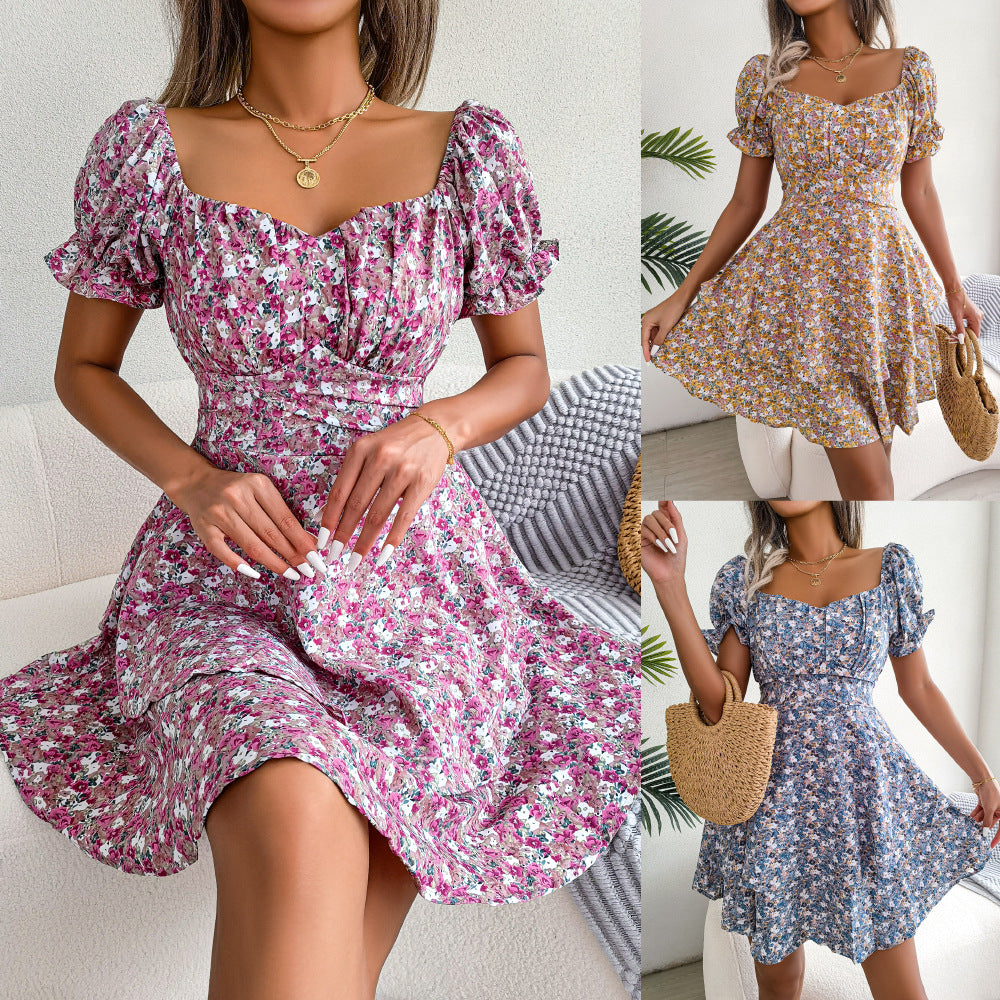 Women's Spring Summer Elegant Floral Lace-Up Waist-Controlled Large Hem Dress Women Clothing