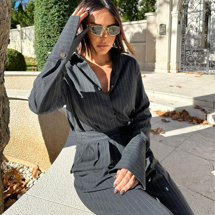 Striped Collared Long Sleeve Top Shirt High Waist Trousers Two Piece Set Autumn Office Set for Women