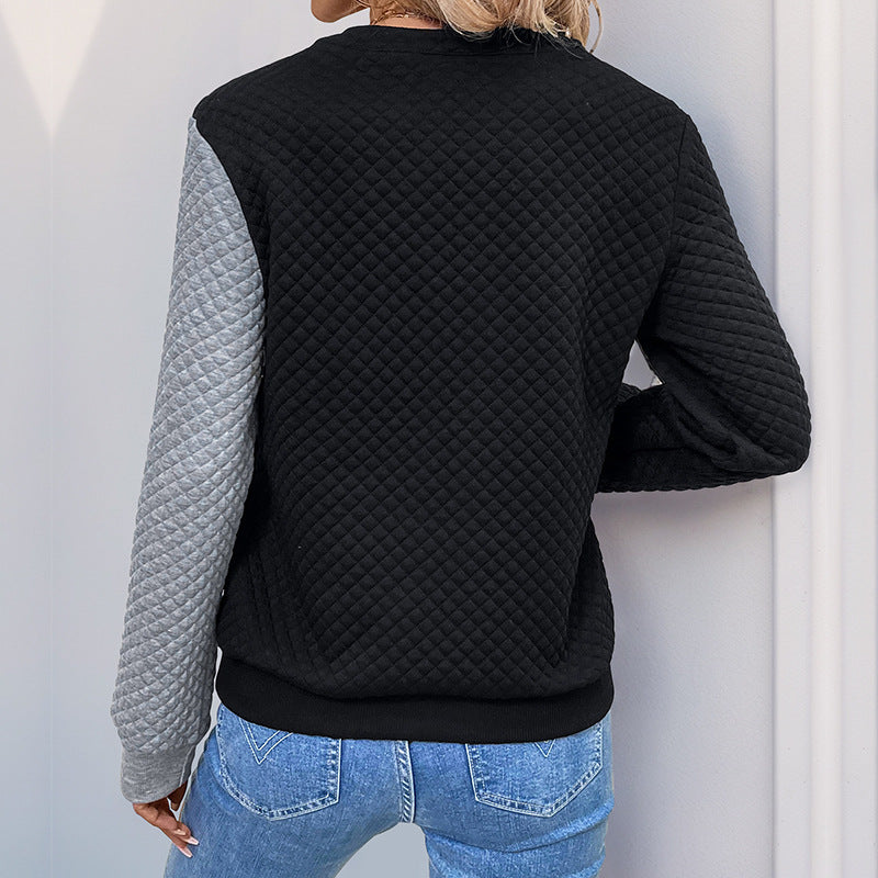 Casual Korean Color Block V Neck Rhombus Quilted Sweater