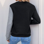 Casual Korean Color Block V Neck Rhombus Quilted Sweater