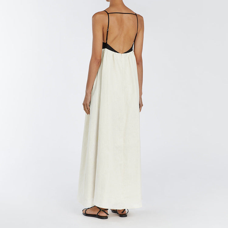 Black White Contrast Sling Dress Backless Long