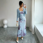 Women's Blue Floral Long Sleeve Midi Dress
